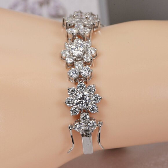 Certified Flower Moissanite Tennis Bracelet 925 Sterling - Picture 2 of 5